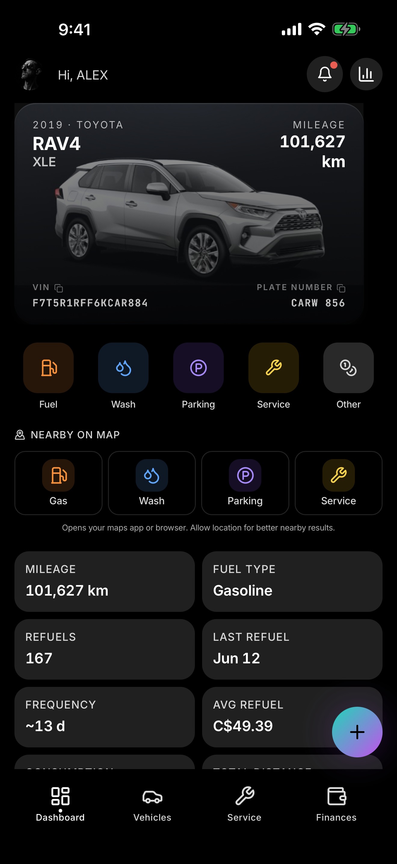 Car Wallet dashboard on iPhone, with a vehicle card, fuel logging and expense stats.