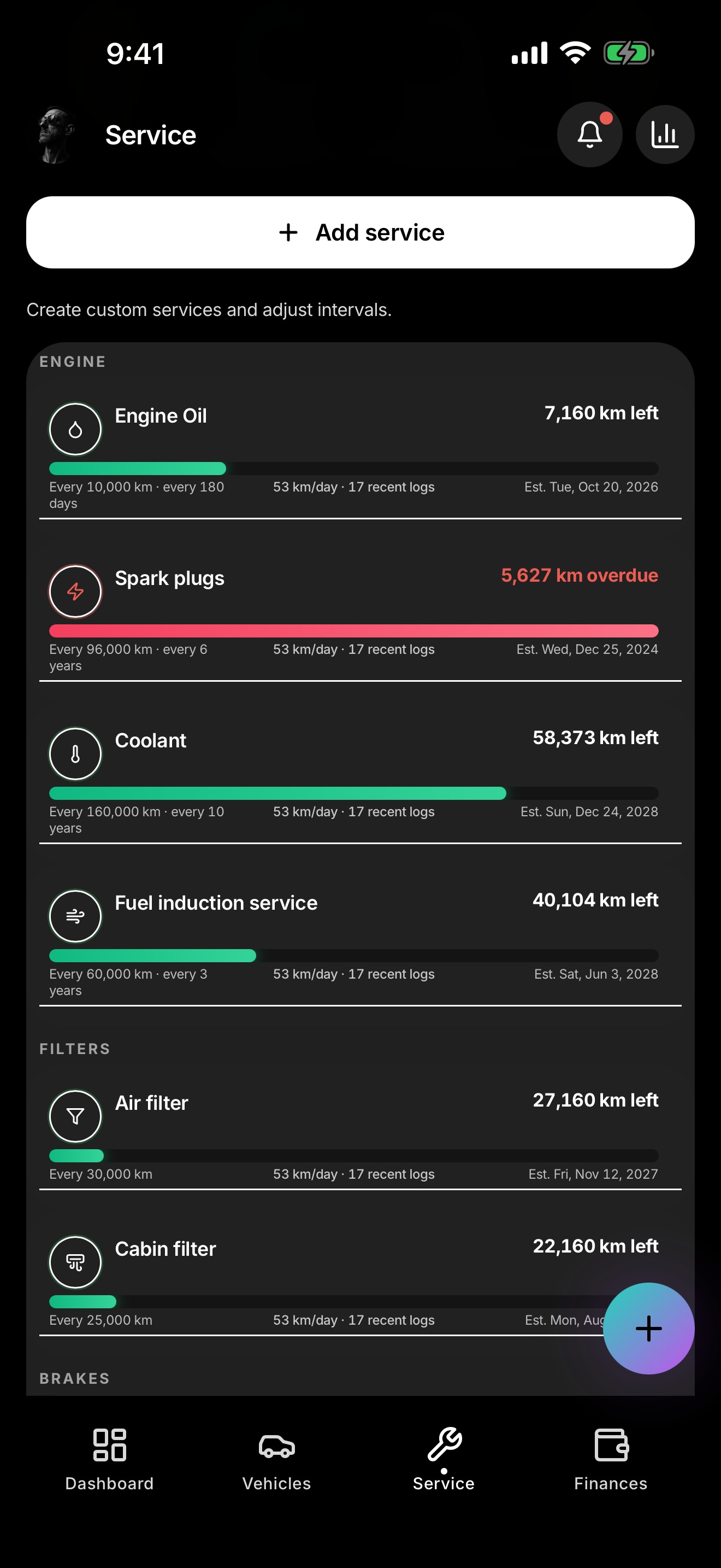 Car Wallet Service screen on iPhone, with maintenance intervals and remaining distance.
