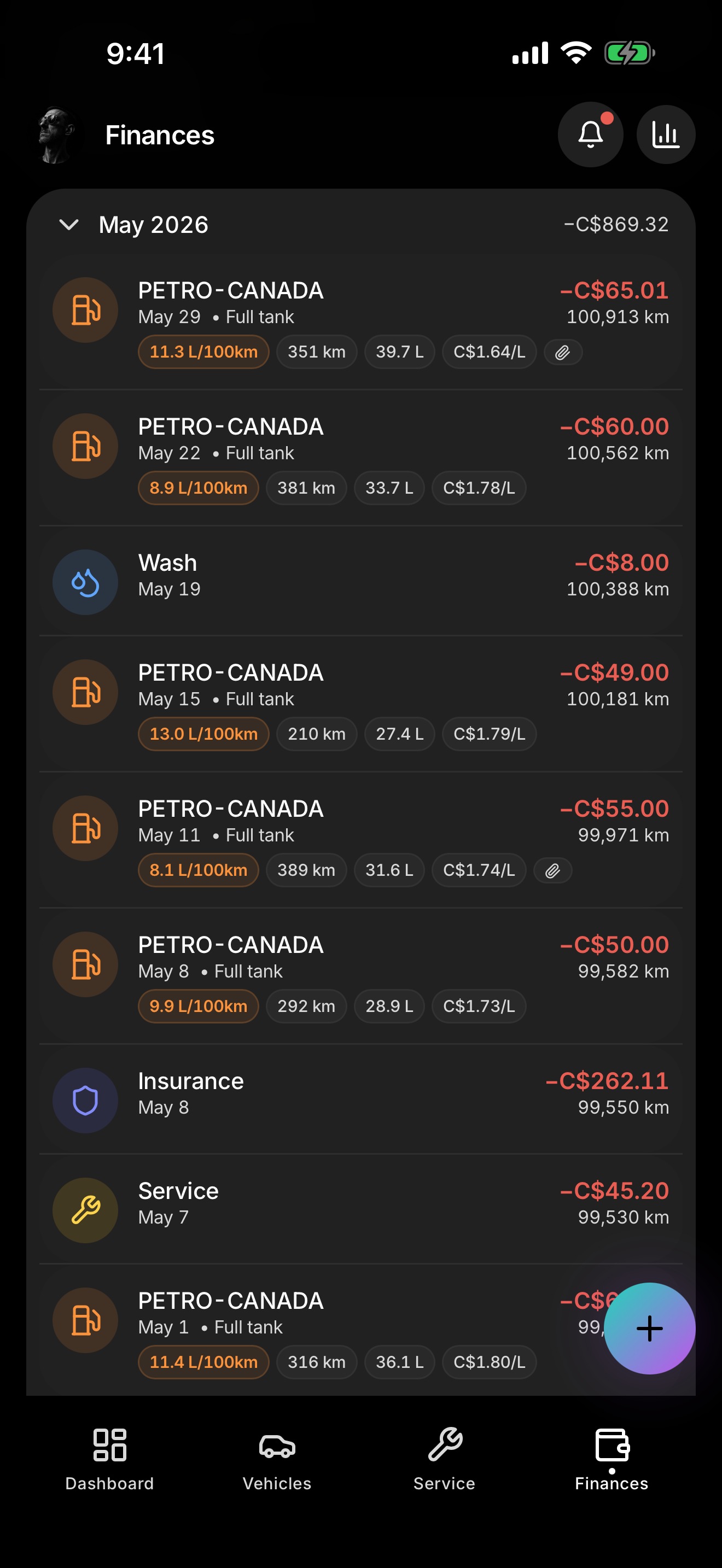 Car Wallet Finances screen on iPhone, listing fuel, wash and service expenses.
