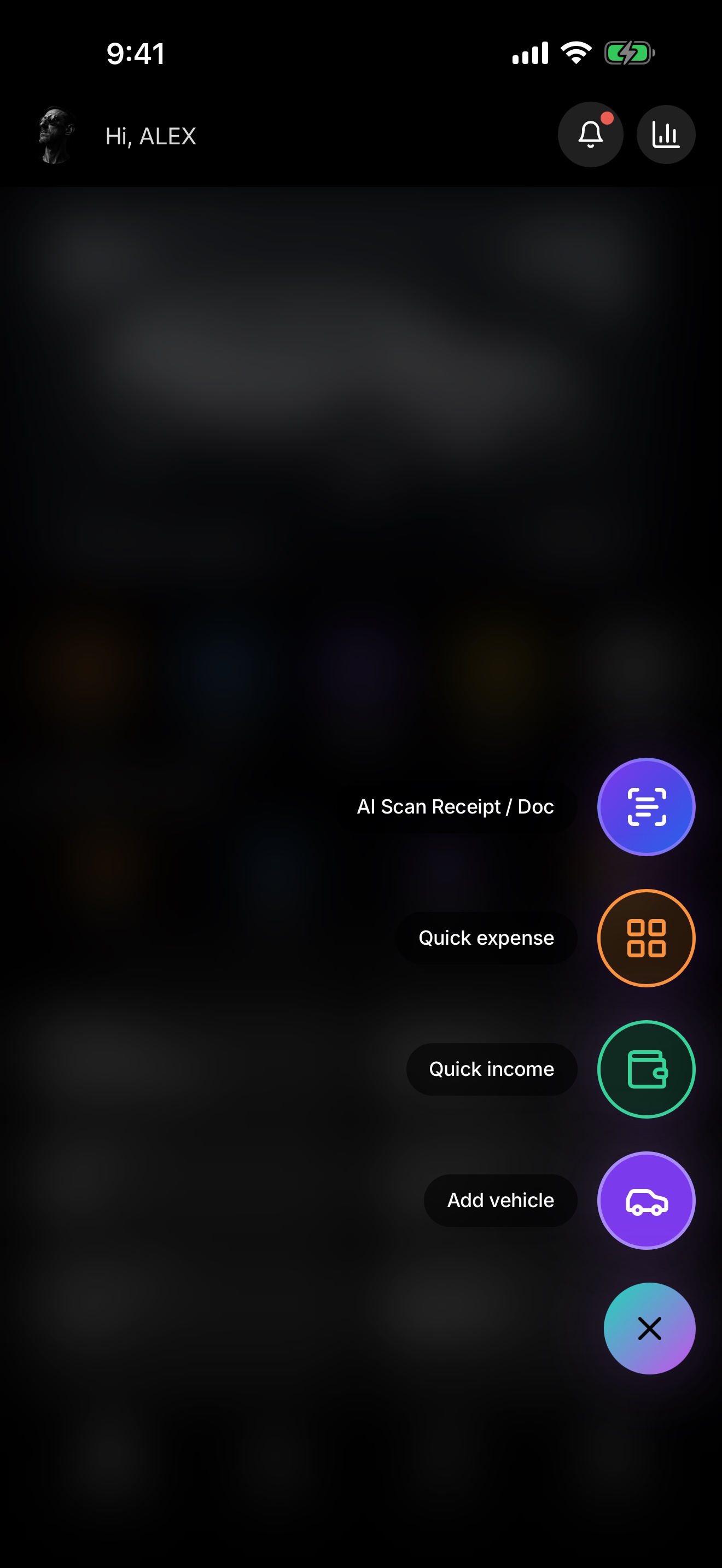 Car Wallet quick-add menu on iPhone, including AI Scan for receipts and documents.