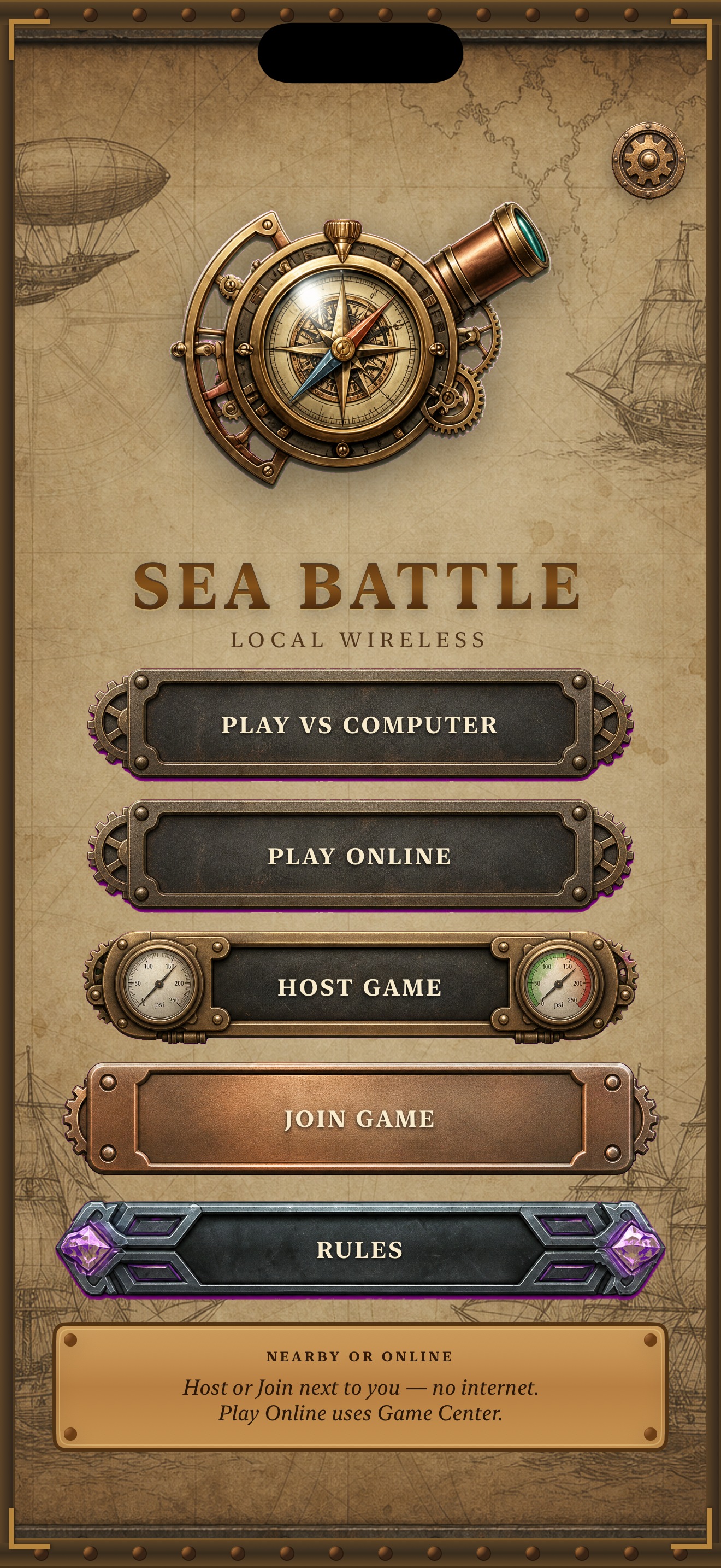 Sea Battle main menu on iPhone, with Play vs Computer, Host Game and Join Game.
