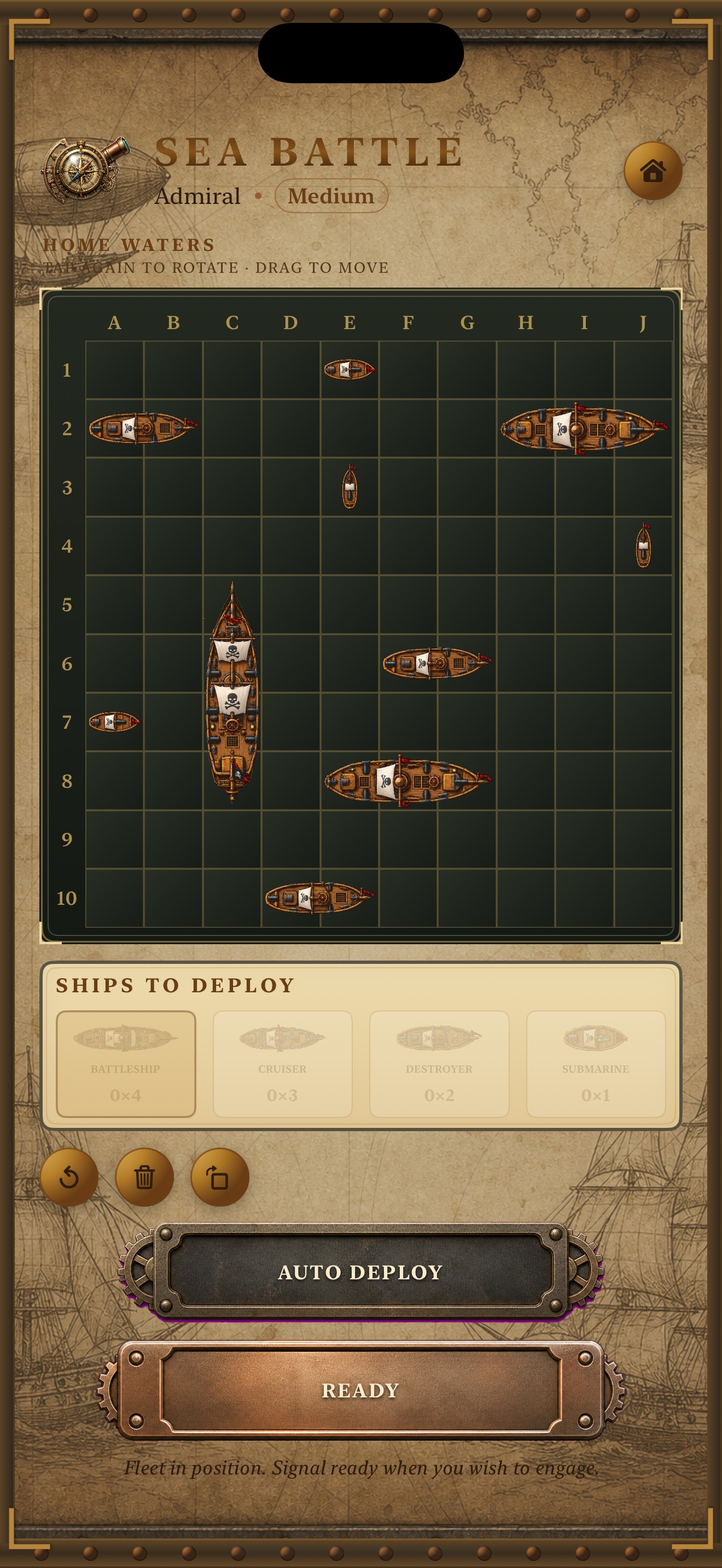 Sea Battle fleet placement screen on iPhone.