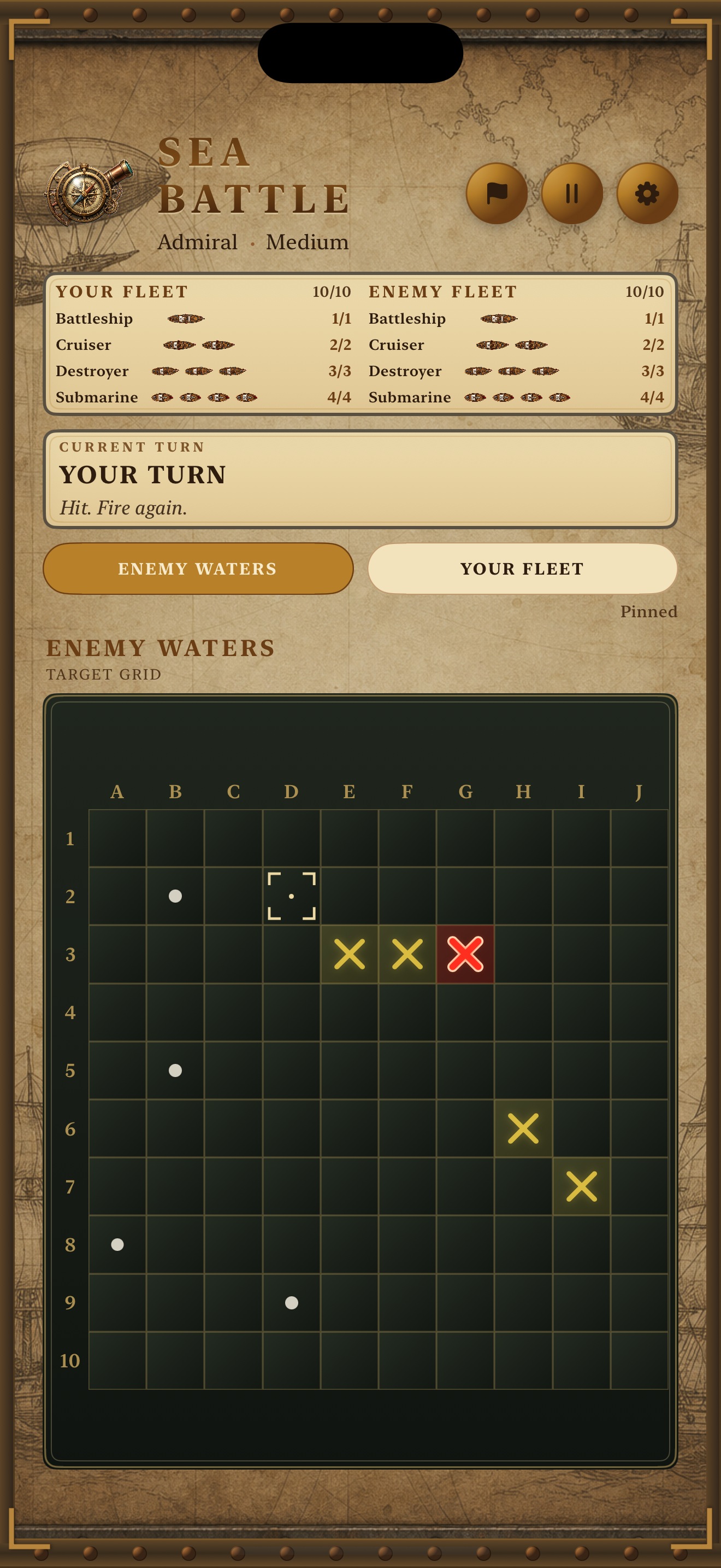 Sea Battle match screen on iPhone, with enemy waters and the home fleet.