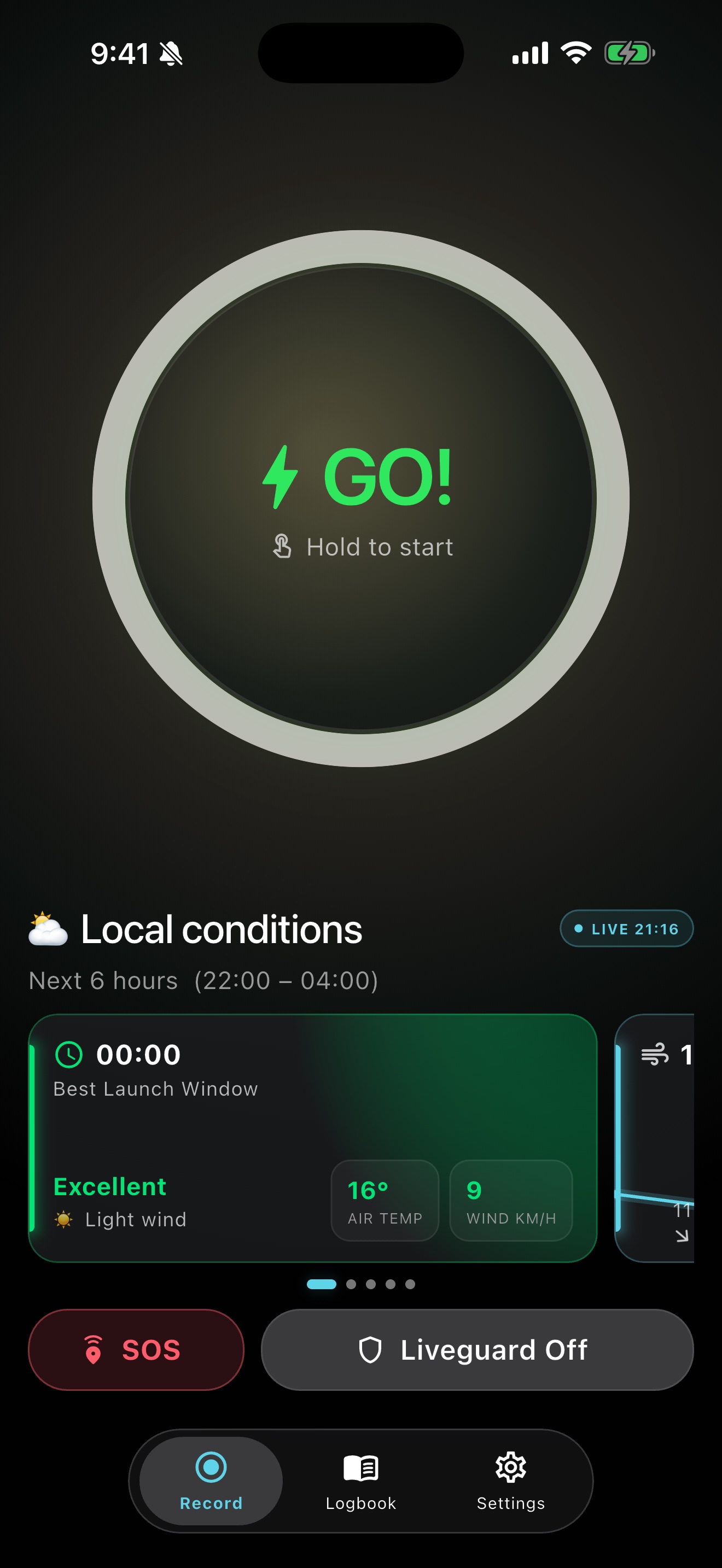 SUPKA record screen on iPhone, with a GO control and local conditions.
