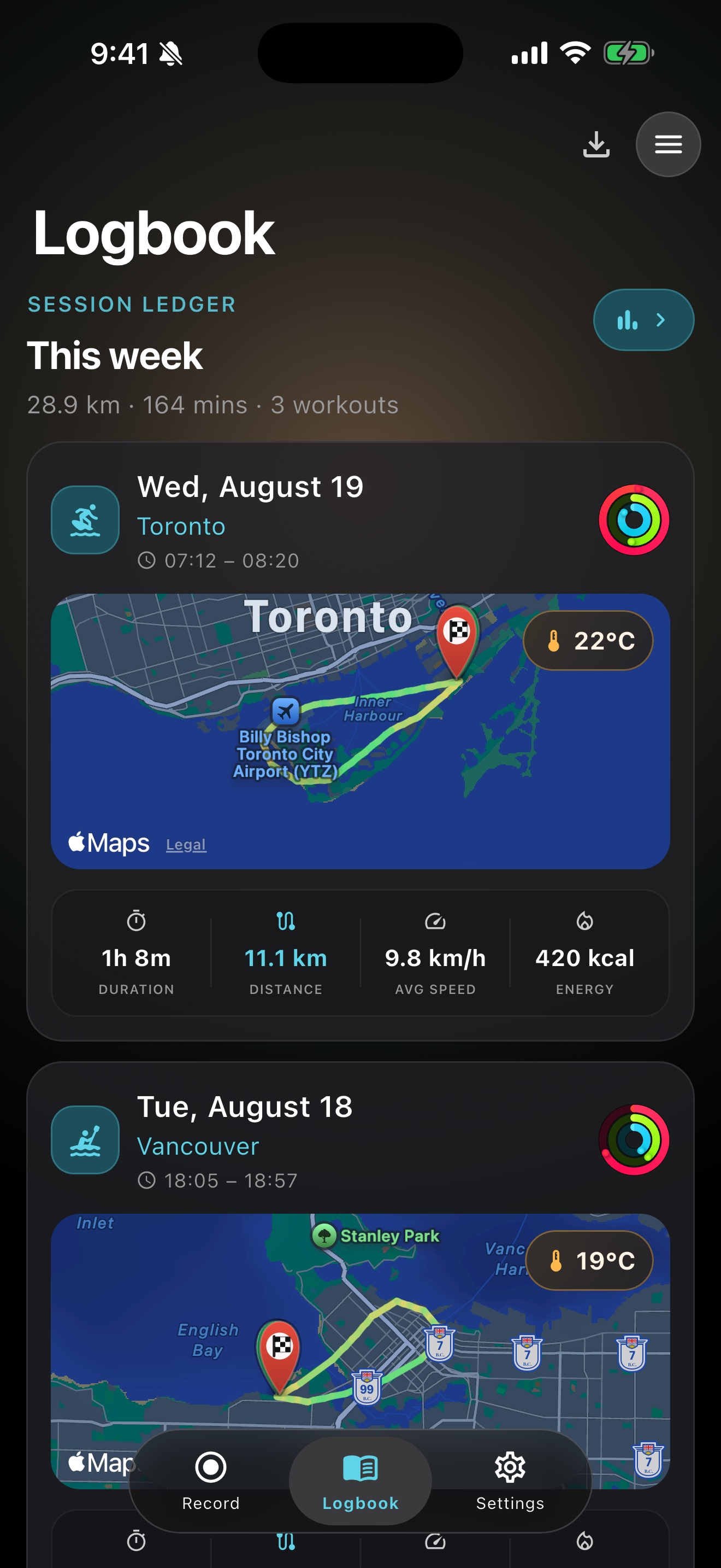 SUPKA logbook on iPhone, with weekly distance and route cards.