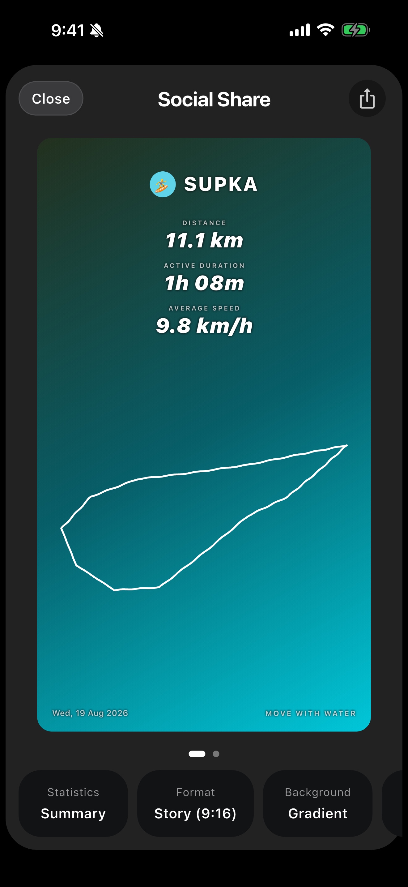 SUPKA share card on iPhone, with distance, duration and a route line.