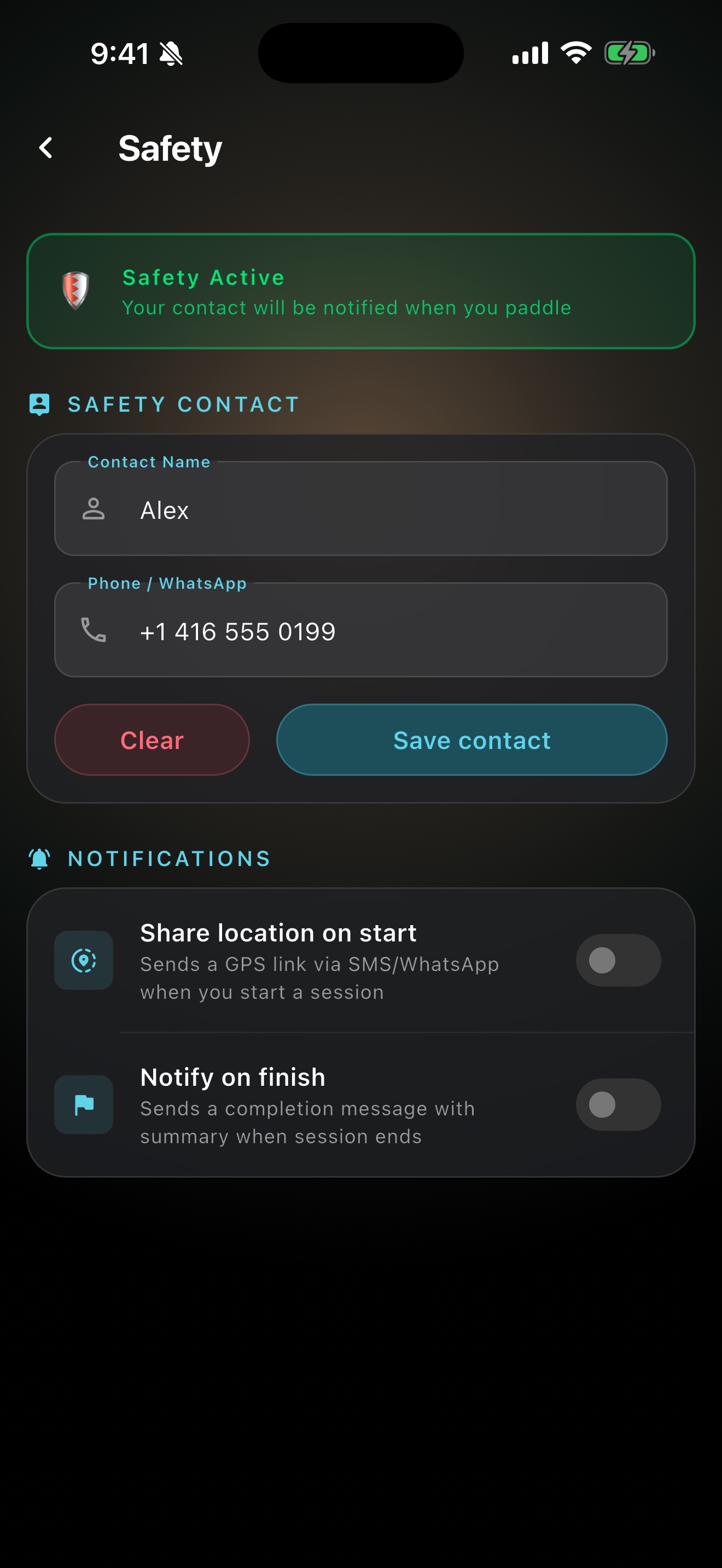SUPKA Safety and Liveguard settings on iPhone.
