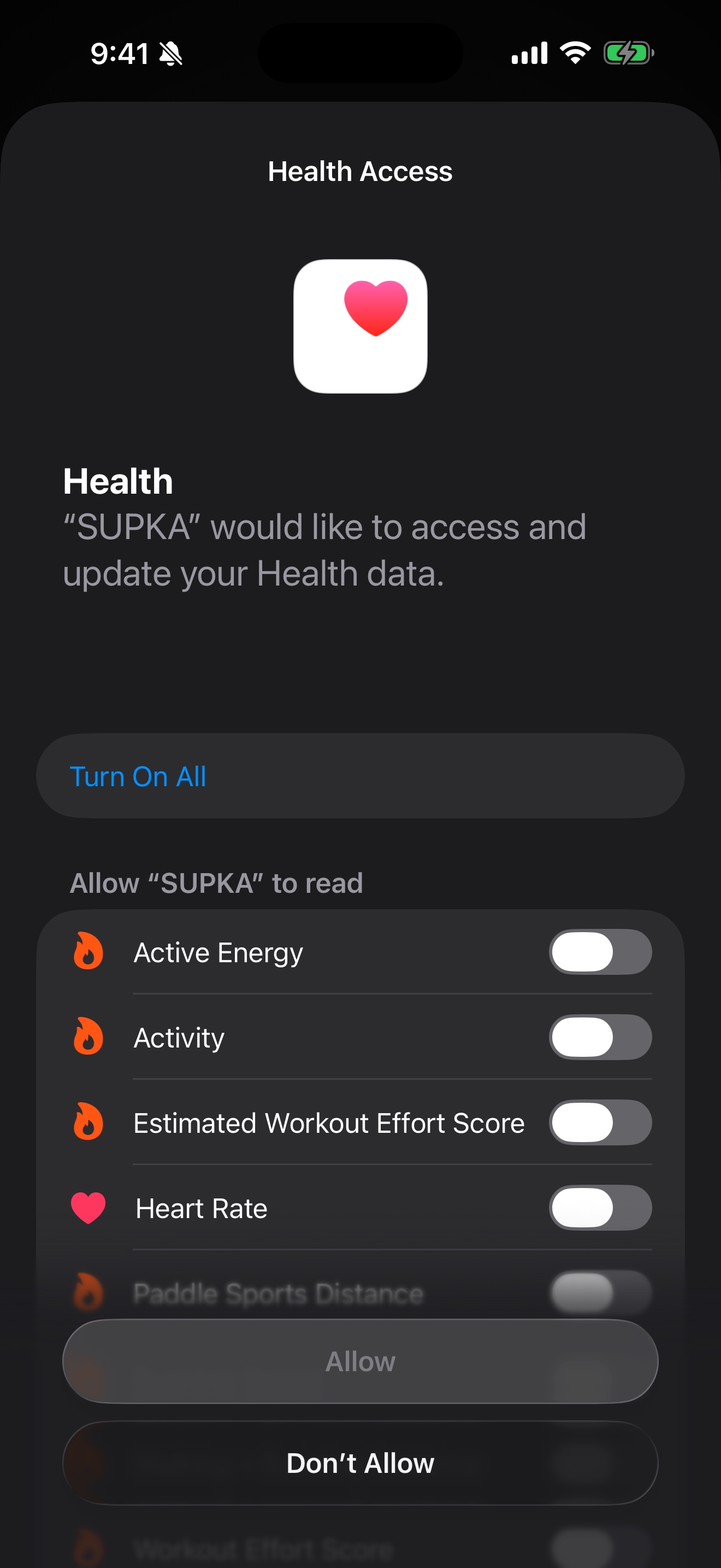 SUPKA requesting Apple Health access on iPhone.