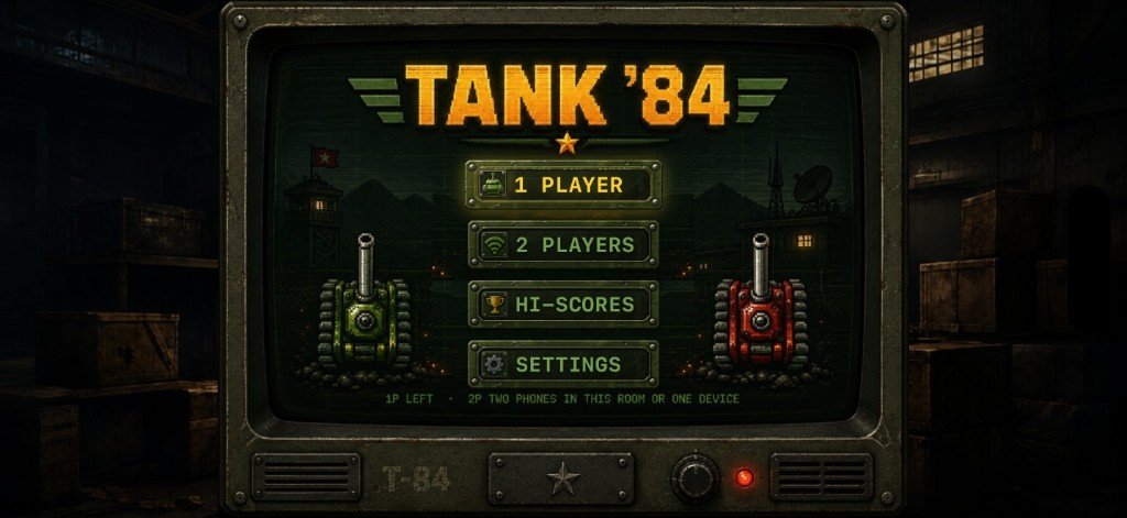 TANK '84 title menu on a CRT, with 1 Player, 2 Players, hi-scores and settings.