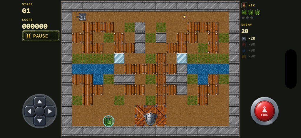 TANK '84 stage play on iPhone, with a top-down 17-by-13 arena, a D-pad and a fire button.