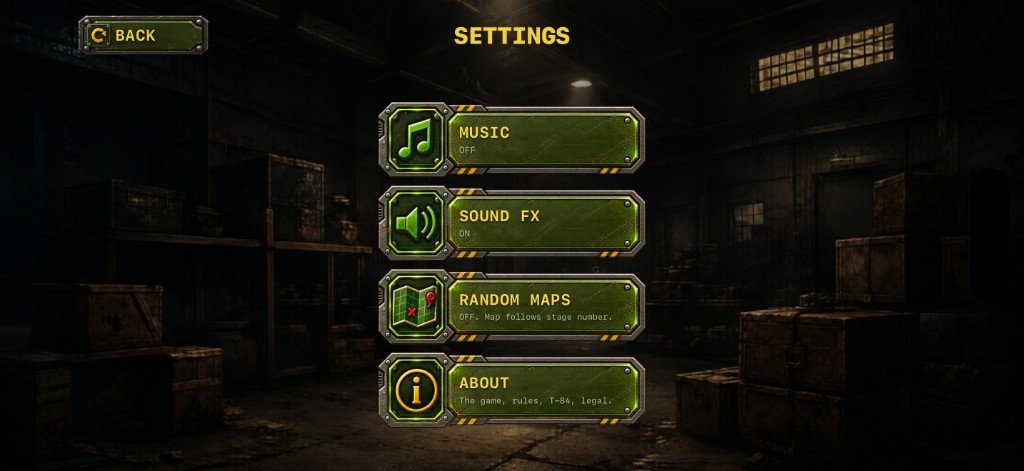 TANK '84 hangar Settings on iPhone, with music, sound, random maps and About.