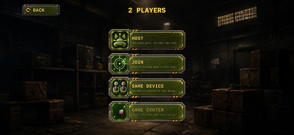 TANK '84 two-player menu on iPhone, with Host, Join and Same Device.